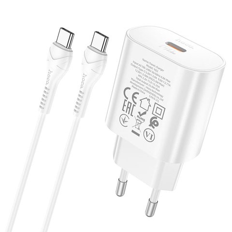 Мережевий зарядний пристрій Hoco N22, 25 Вт, Power Delivery (PD), білий, з кабелем USB тип-C до USB тип-C, 1 порт, #6931474760081 Прев'ю 1