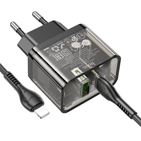 Сетевое зарядное устройство Hoco N34, 20 Вт, Power Delivery (PD), черный, прозрачный, c кабелем USB тип-C к Lightning для Apple, 2 порта, #6931474799173 Превью 3
