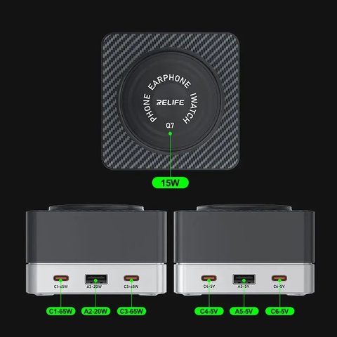 Сетевое зарядное устройство RELIFE Q7, 80 Вт, Wireless Charge, Quick Charge, 6 портов Превью 6